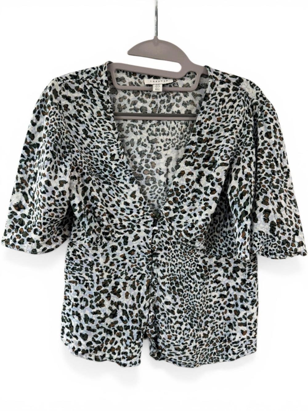 Topshop Women Blue Brown Leopard Print Button Front V-Neck Blouse Size US 4